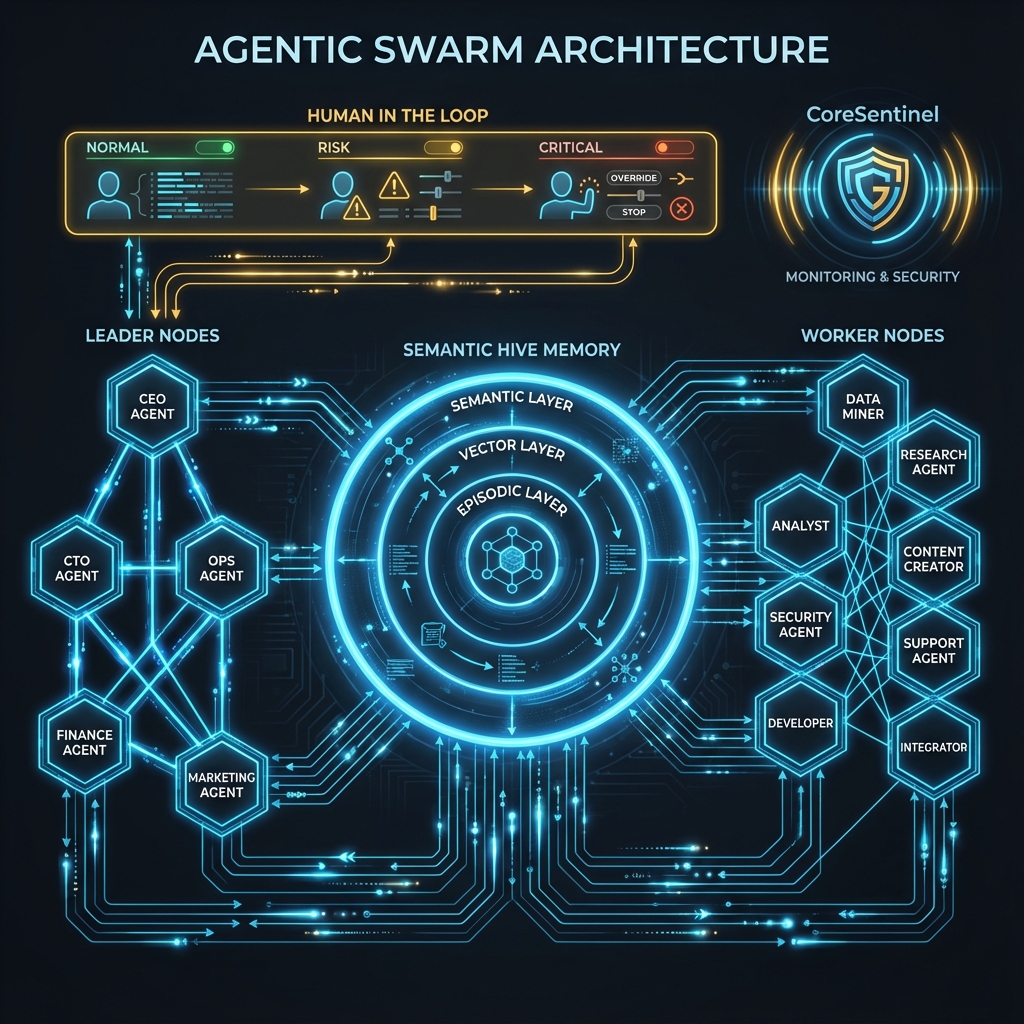 Agentic Swarm Architecture - Leader Nodes, Worker Nodes, Semantic Hive Memory, CoreSentinel